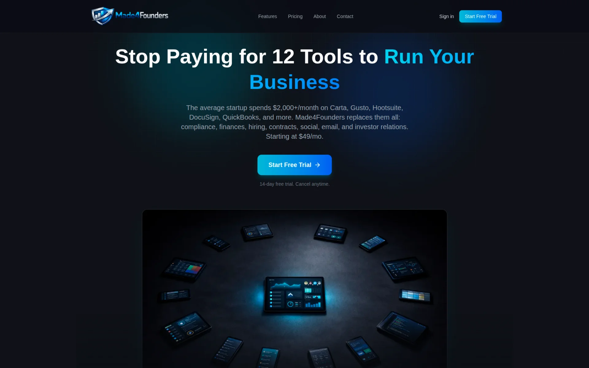 Made4Founders startup platform homepage with modern dark UI, resource library, and founder tools for launching businesses